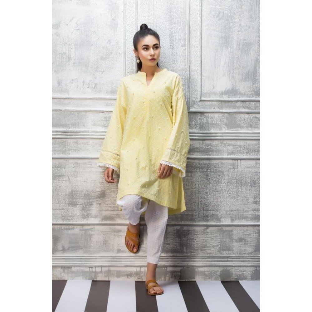 Hina Mirza Embroidered Tunic Top Womens Large Yellow Floral Pearl‎ Lace Trim